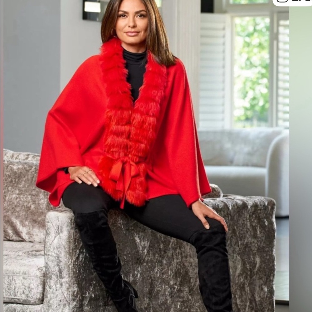 NEW Boston Proper Red Women's Poncho Sweater with Faux Fur Trim